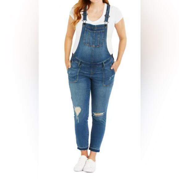 Women's Indigo Blue Side-Panel Skinny Ankle Denim Overalls Maternity Size XL - Picture 1 of 12